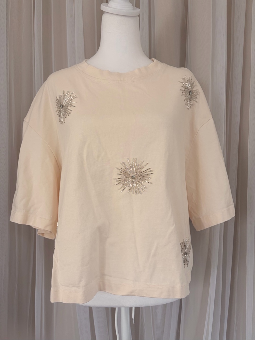 H&M Cream Short-Sleeve Embellished oversized Tee